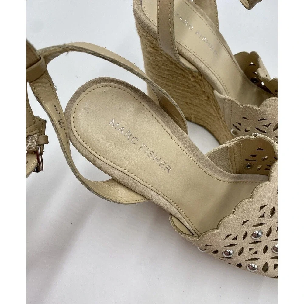 Marc Fisher LTD Women's Nude Tan Hata Cutout Espadrille Wedge Sandal‎ Sz 6/36.5